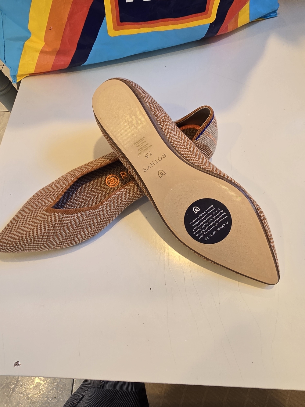 Rothy's Pointed Ballet Flats in Brown Herringbone with Orange Accents - Picture 3 of 4